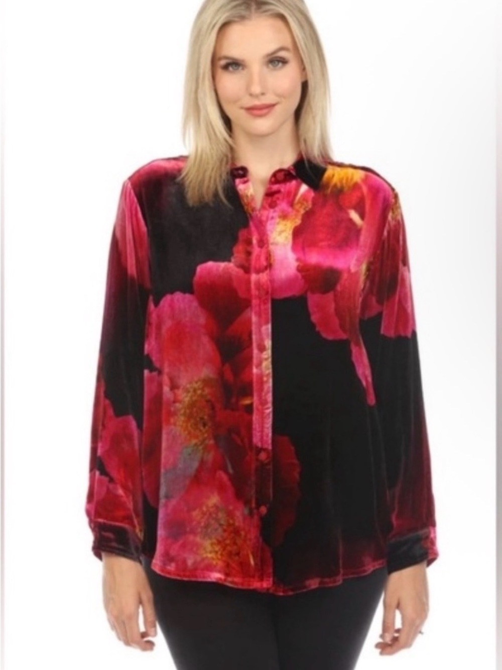 Johnny Was Black Velvet Button-Down Blouse with Pink Floral Print
